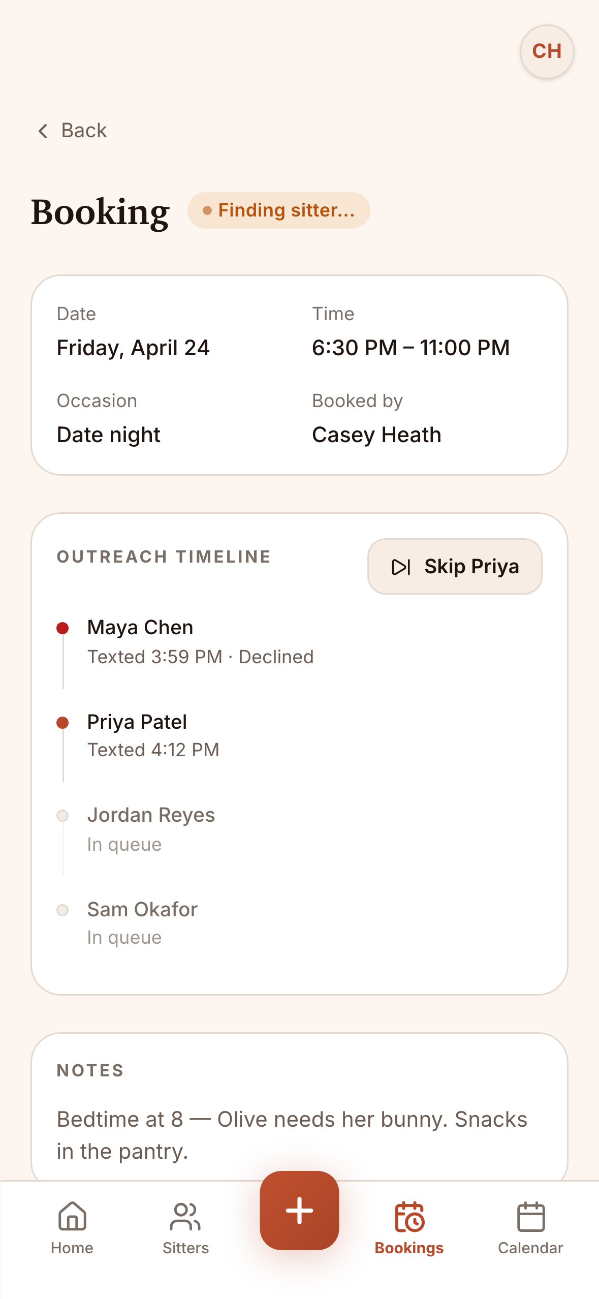 Sitter app screens